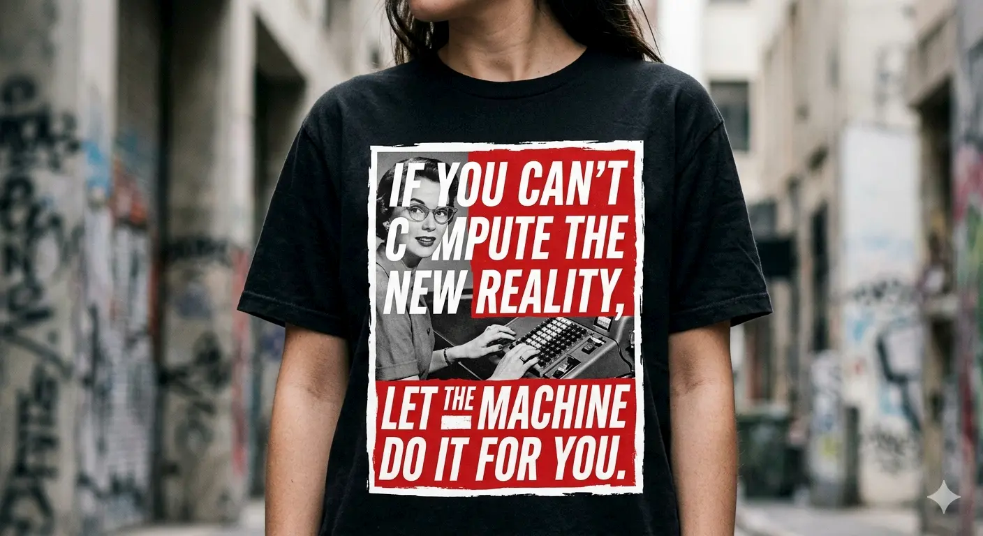 A person stands in an alley wearing a black T-shirt with a graphic of a person using a typewriter and bold text that reads: "If you can’t compute the new reality, let the machine do it for you.