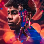 A digital artwork featuring a young soccer player in a Barcelona jersey celebrating, superimposed over a serious close-up of his face, with vibrant red and orange lights and confetti in the background.