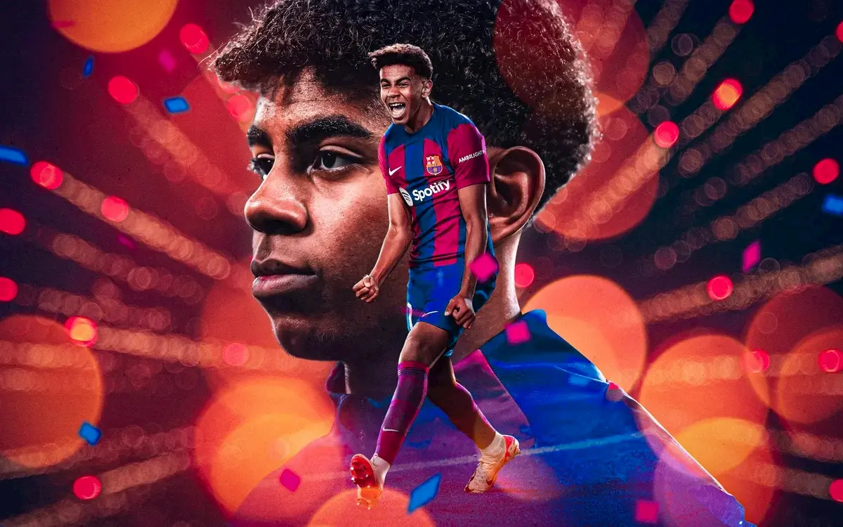 A digital artwork featuring a young soccer player in a Barcelona jersey celebrating, superimposed over a serious close-up of his face, with vibrant red and orange lights and confetti in the background.