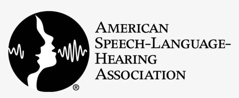 Black and white logo with two overlapping face silhouettes and sound waves, next to the text "American Speech-Language-Hearing Association," highlighting a focus on communication breakdowns as noted in the ASHA National Caregiver Survey.