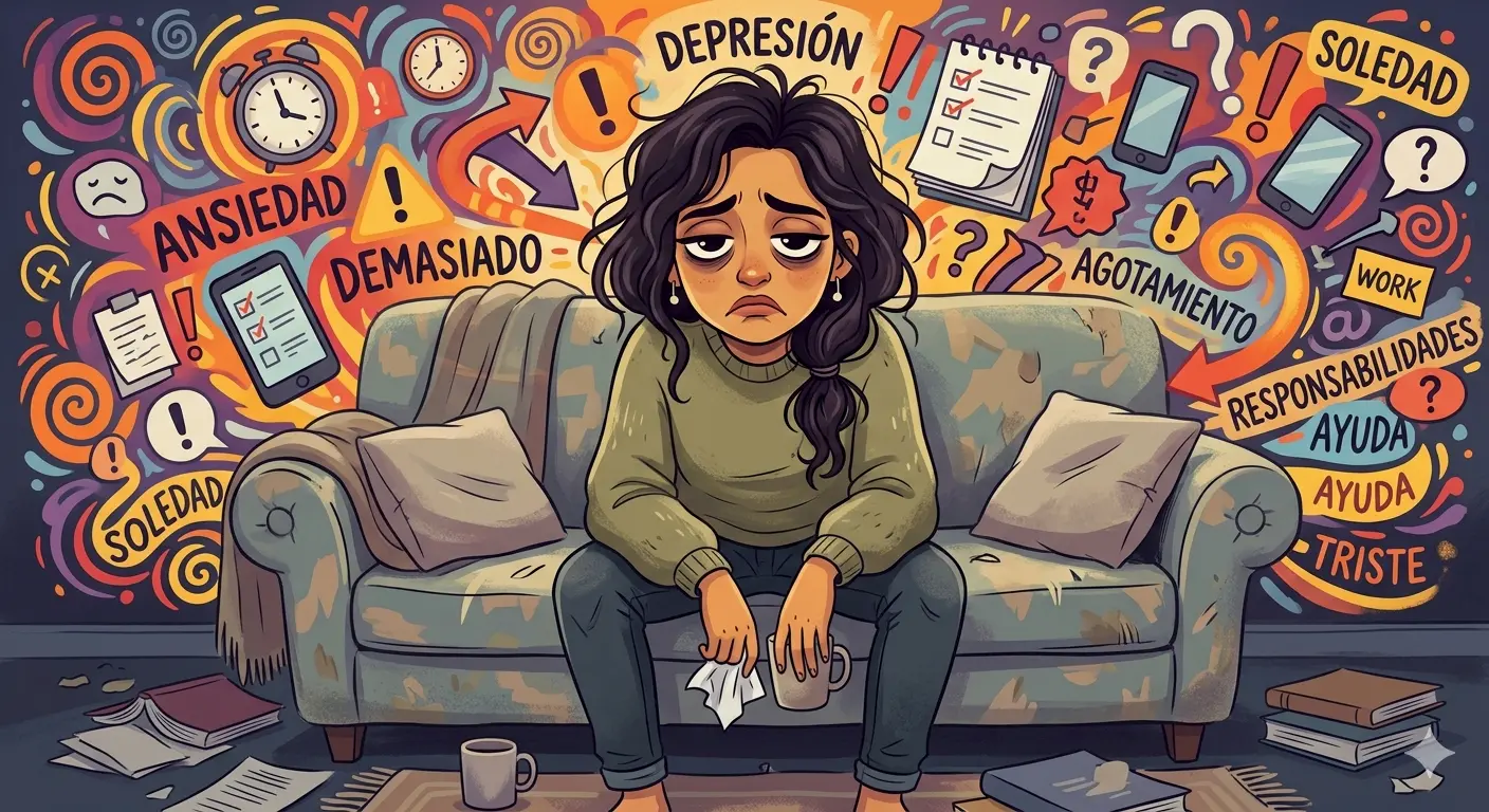 A woman with a sad expression sits slouched on a couch, holding a tissue. The background is filled with Spanish words like “ansiedad,” “depresión,” and “soledad,” symbolizing depression, anxiety, and struggles with mood disorders.