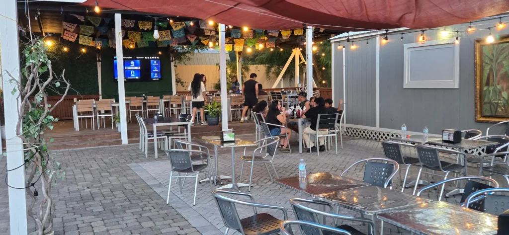 Outdoor patio with metal tables and chairs, string lights, and colorful flags. Several people are gathered at a table, while others stand near a TV screen on a wooden deck. Plants and decorations enhance the cozy atmosphere.