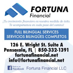 Advertisement for Fortuna Financial with bilingual services. Features address (126 E. Wright St. Suite A, Pensacola, FL), phone number, email, Facebook info, and a blue financial logo—presented like a Sherwin Williams paint ad in both English and Spanish.