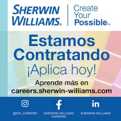 Shermin Williams está contratando. ¡Aplica hoy y forma parte de un líder en coatings y paint! Aprende más en careers.sherwin-williams.com. Icons: Instagram, Facebook y LinkedIn.