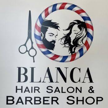 Logo for Blanca's Salon & Barbershop featuring a barber pole circle with a man's and woman's face inside, a pair of scissors on the left, and the business name in bold text below.
