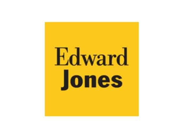 Edward Jones logo features "Edward" in black serif font above "Jones" in bold black, both centered on a yellow square background—reflecting their dedication to helping clients with choosing retirement plan solutions.