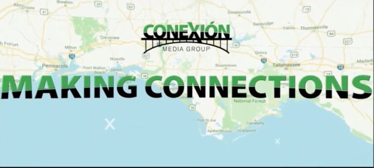 A map of the Florida Panhandle is overlaid with the text "CONEXIÓN MEDIA GROUP" and "MAKING CONNECTIONS" in large, bold letters across the center.