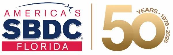 America’s SBDC Florida logo next to a large gold “50” with the text “YEARS: 1976-2026” curving around the zero, marking the 50th anniversary.