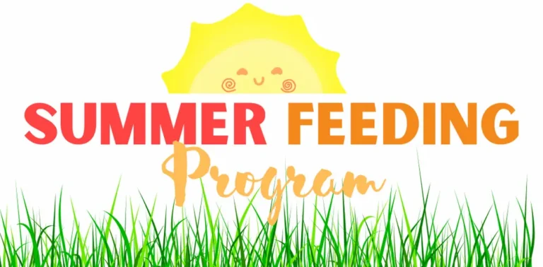 Text reads “Summer Feeding Program” with "Summer Feeding" in bold red and orange letters and "Program" in cursive gold. A smiling sun and green grass appear in the background.