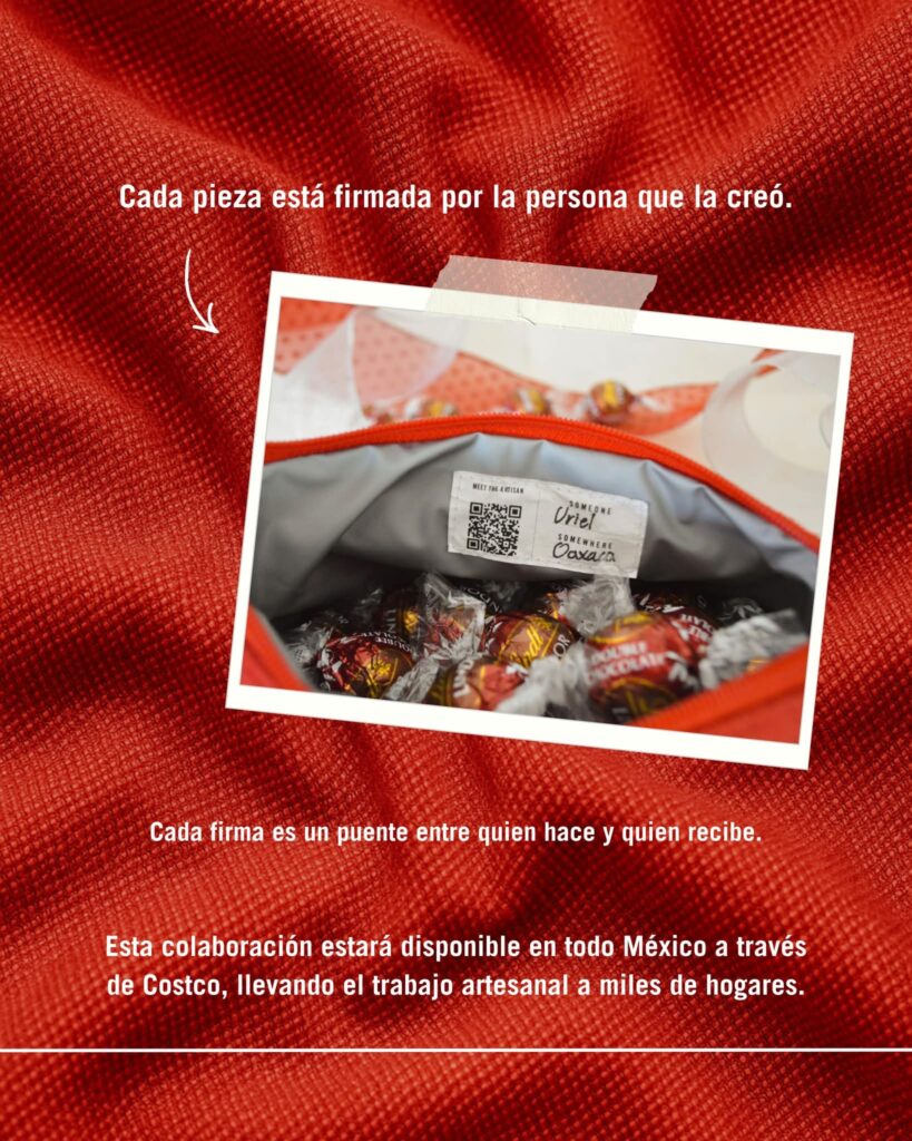 A close-up of a red fabric bag filled with wrapped candies. The inside has a QR code and handwritten label. Spanish text overlays the image, discussing artisanal collaboration and product availability at Costco in Mexico.