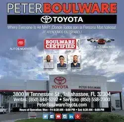 Advertisement for Peter Boulware Toyota in Tallahassee, FL, featuring dealership staff, logos, vehicles, and contact info. Text in English and Spanish promotes new Toyota models, used cars, and hours of operation at this trusted Toyota dealership.