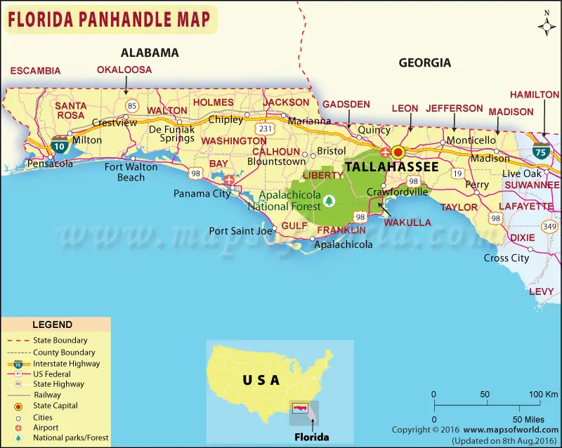 Map of the Florida Panhandle showing county boundaries, highways, railways, airports, state capital Tallahassee, major cities, and a small inset map of Florida’s location in the USA.