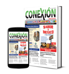 A magazine titled "Conexión" is shown in both print and digital formats. The front cover features headlines in Spanish and English, colorful graphics, and a prominent ad for "Sabor Mexico" with food images.