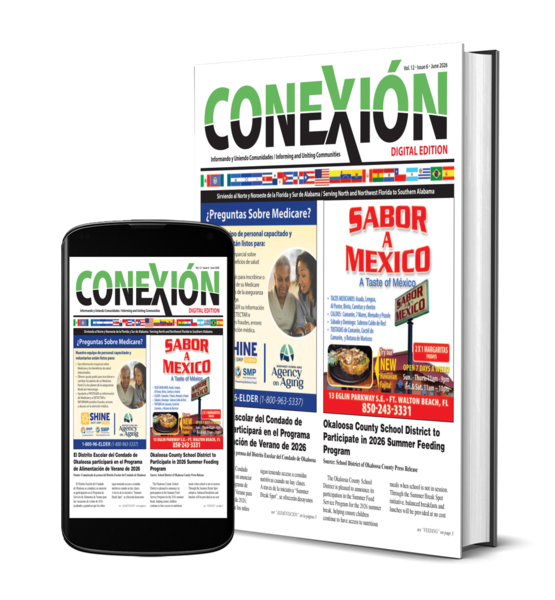 A magazine titled "Conexión" is shown in both print and digital formats. The front cover features headlines in Spanish and English, colorful graphics, and a prominent ad for "Sabor Mexico" with food images.