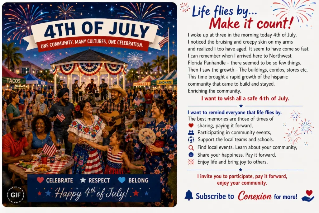 A festive 4th of July celebration with diverse people in patriotic attire, waving flags, dancing, playing music, and enjoying food stands in a park decorated with banners and fireworks in the night sky. Text with holiday messages is included.