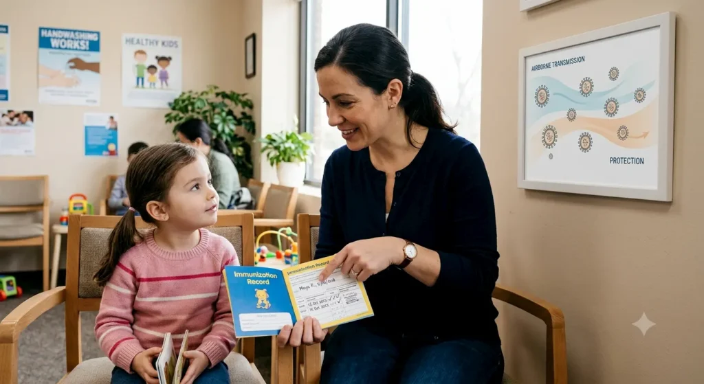 Parent reviewing a child’s MMR vaccination record during the 2026 measles outbreak.