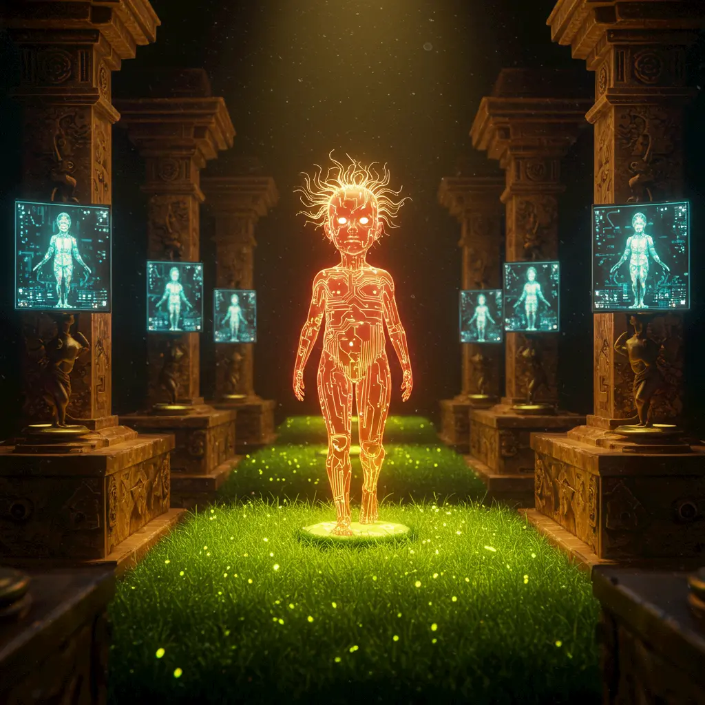 A glowing, digital humanoid figure stands on grass between ornate pillars, surrounded by floating medical screens showing its anatomy. Mystical light beams down from above, creating a surreal, futuristic atmosphere that hints at the evolving AI shaping human legacy in this extraordinary scene.