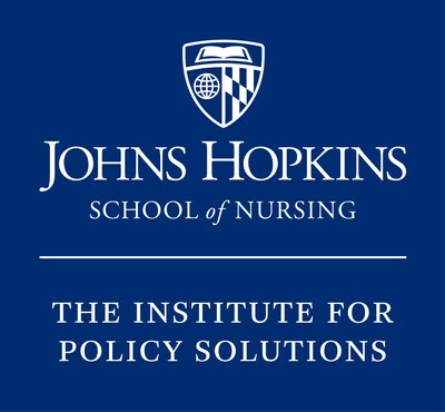 Johns Hopkins School of Nursing logo with a shield and book above the text, and "The Institute for Policy Solutions" written below on a blue background—committed to advancing prosperity and well-being across the United States, including within the Latino community.