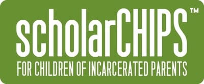 Green rectangular logo with white text reading "scholarCHIPS FOR CHILDREN OF INCARCERATED PARENTS.