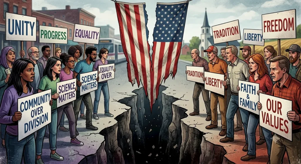 Two divided groups face each other across a deep crack in the ground, holding signs with slogans like "Unity," "Equality," "Liberty," and "Tradition." Torn American flags hang above the divide, capturing the complexity of celebrating America amid contrasting visions for its future.
